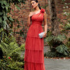 VESTIDO DE FESTA NEW FLOWERS TULE BRILHO - TERRACOTA