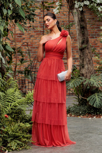VESTIDO DE FESTA NEW FLOWERS TULE BRILHO - TERRACOTA