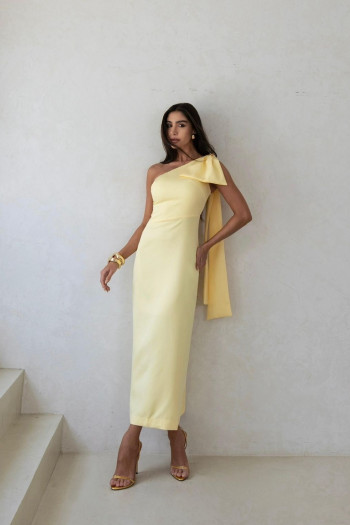 VESTIDO FLÁVIA LONGUETE TUBINHO LAÇO - AMARELO MANTEIGA