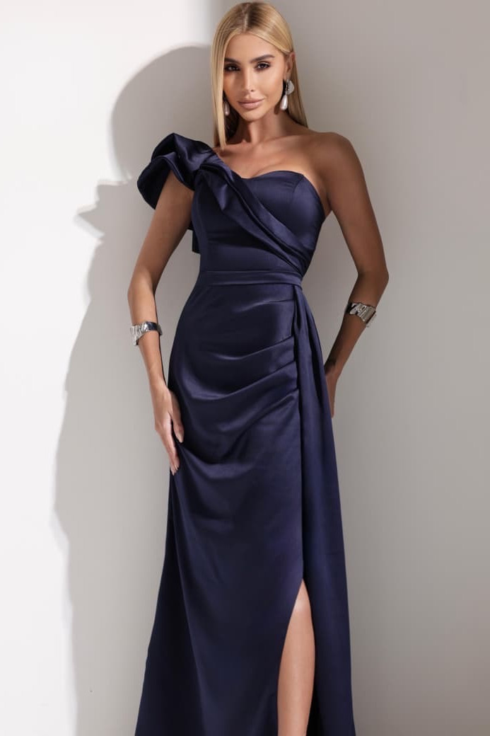 VESTIDO DE FESTA LUCY CREPE ACETINADO UM OMBRO - AZUL MARINHO