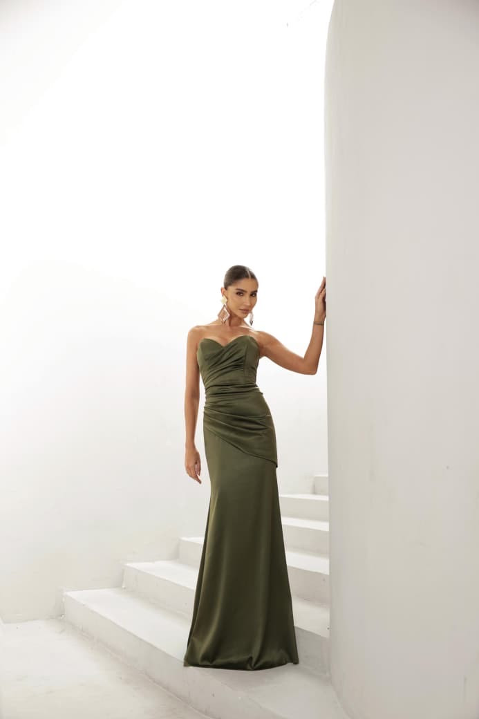 VESTIDO DE FESTA EVA CREPE ACETINADO - VERDE OLIVA