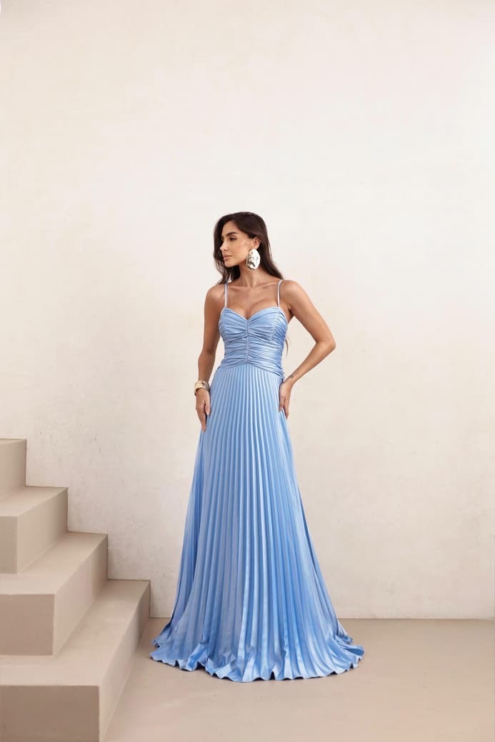 VESTIDO DE FESTA TANGARÁ PLISSADO - AZUL SERENITY