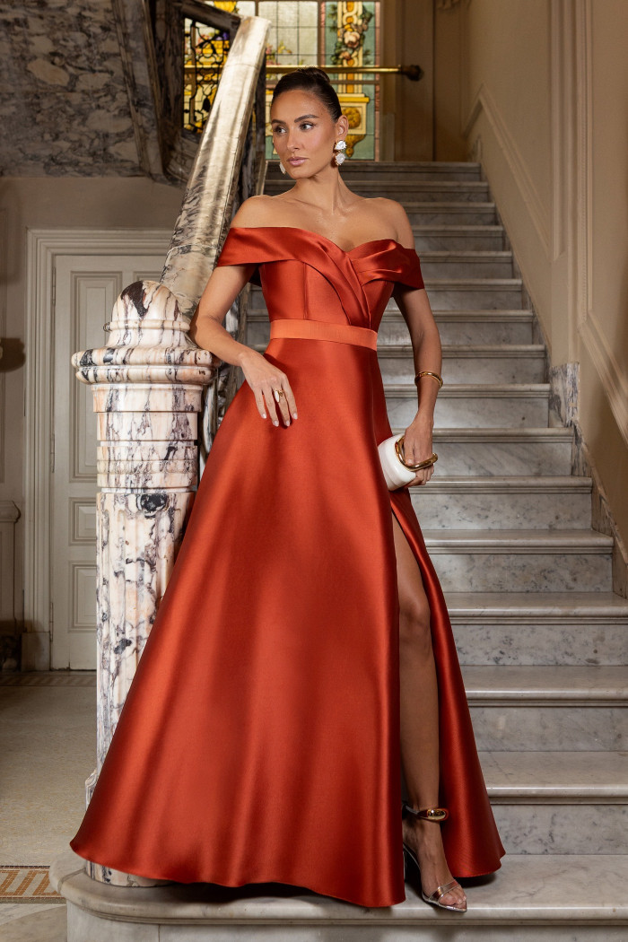 VESTIDO DE FESTA ITÁLIA OMBRO A OMBRO ZIBELINE - TERRACOTA