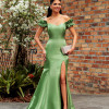VESTIDO DE FESTA MANHATTAN OMBRO A OMBRO ZIBELINE GLOW - VERDE OLIVA