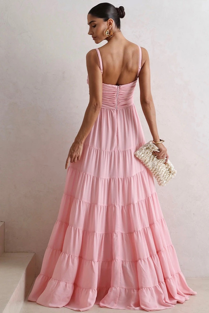 VESTIDO FLÁVIA LONGO DRAPEADO CHIFFON - ROSA